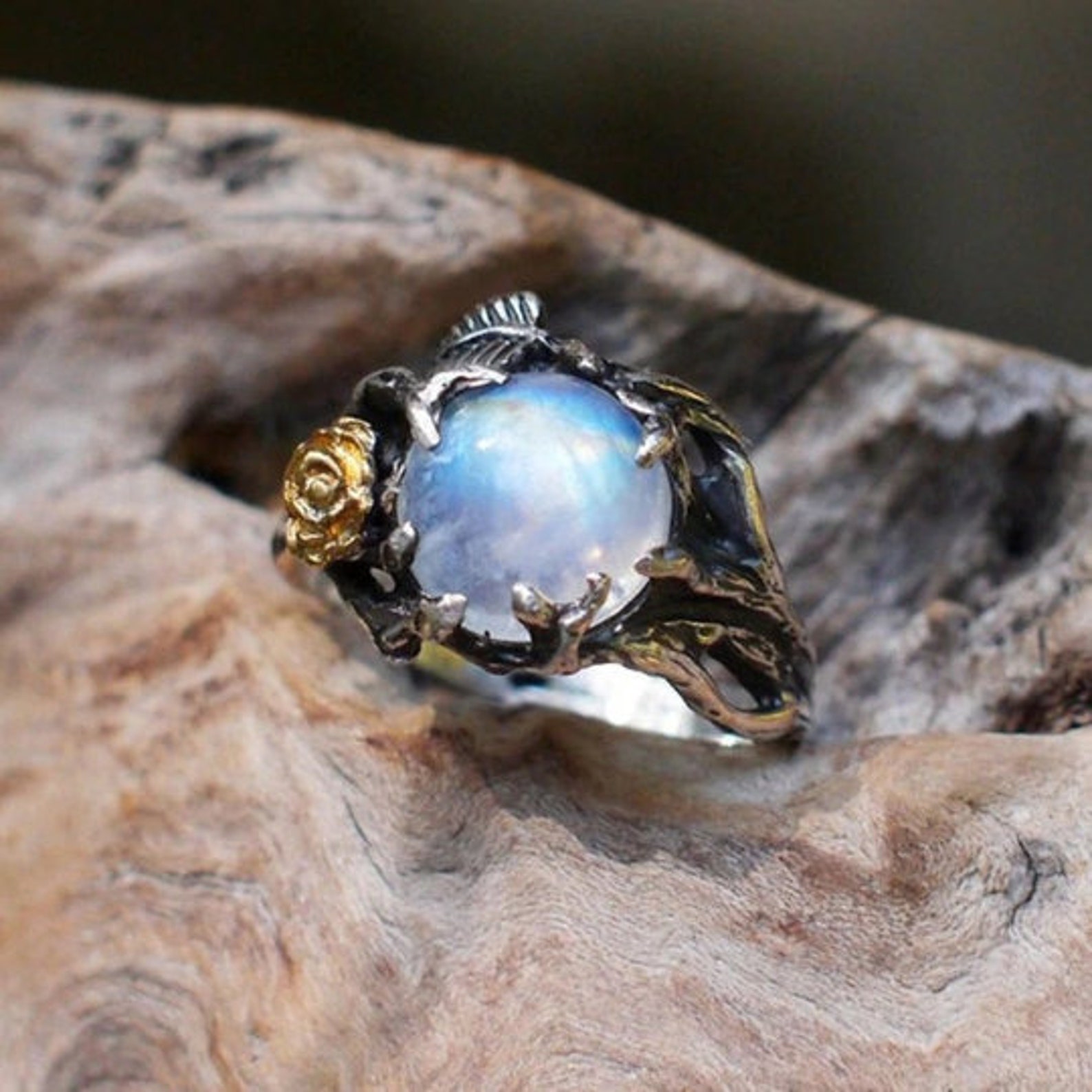 Vintage Moonstone Ring for Women Black Jewelry Gold Flower | Etsy