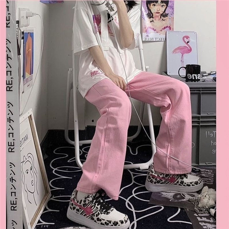 Y2K Baggy Pink Jeans Women Kawaii Korean Fashion Oversize Low Etsy UK