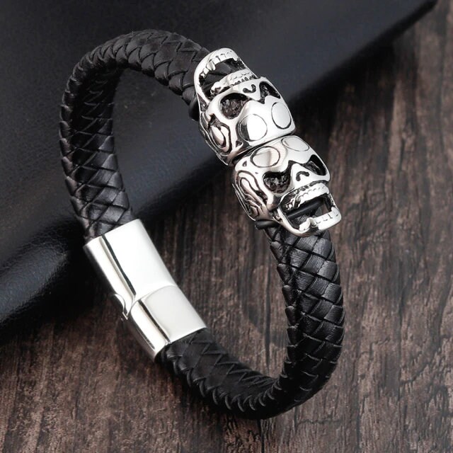 Men Jewelry Black Skull Braided Leather Bracelets Men | Etsy