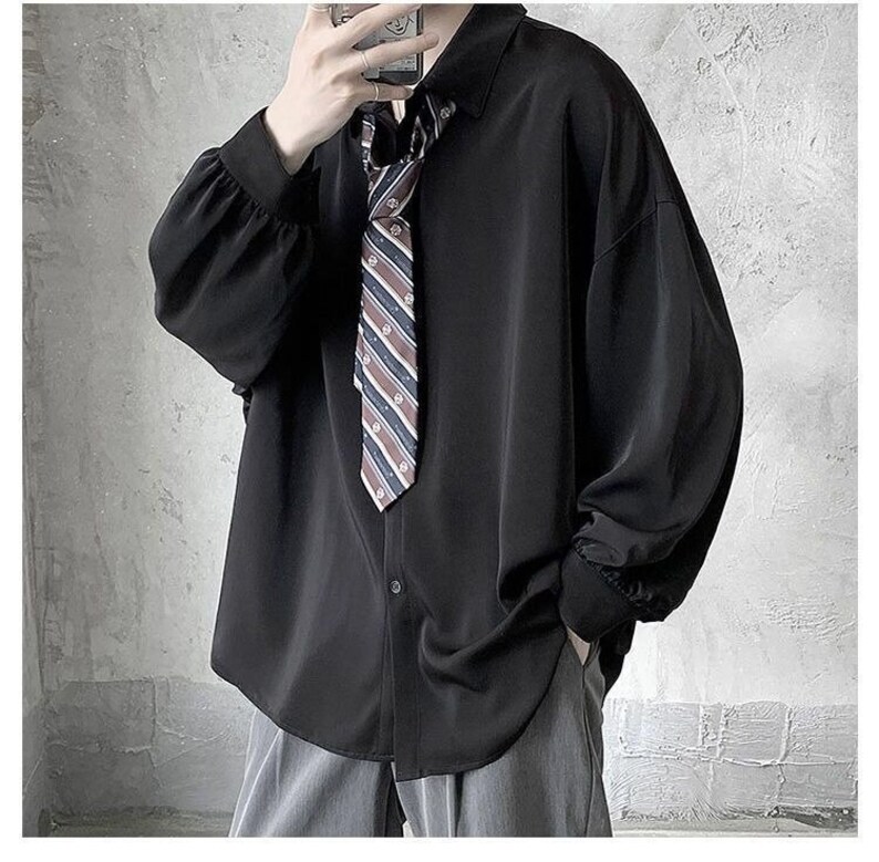 Black Longsleeved Shirts Men Korean Comfortable Blouses Etsy