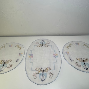 Set of 3 Vintage Butterfly Cross Stitched Doilies