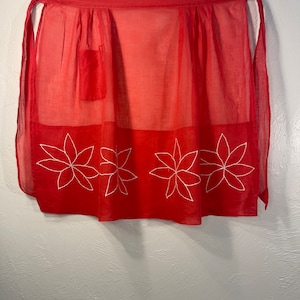 Vintage Red Christmas Half Apron with Embroidered White Poinsettias