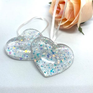 Beautiful clear resin sparkle hanging heart decoration, glitter decorations, new home, wedding favours, wedding decor, bridesmaid gift
