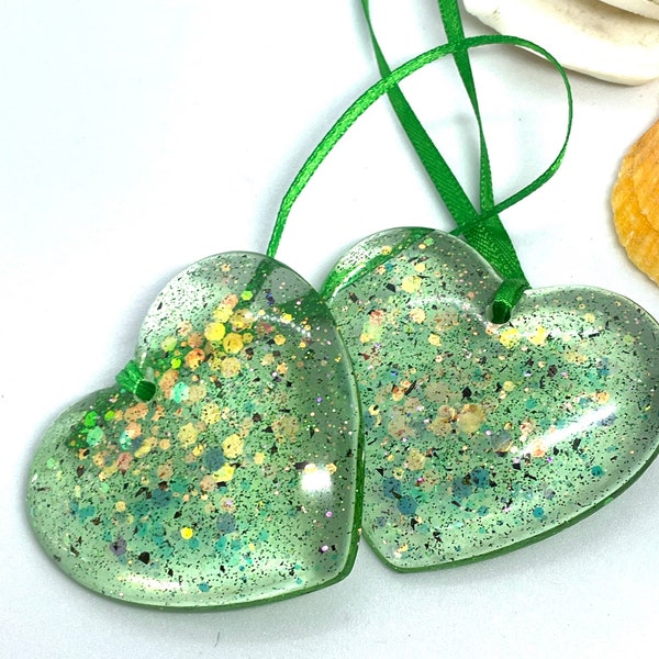 Beautiful translucent bottle green sparkle hanging heart decoration,  glitter decorations, hearts, love heart, gift for her, new home decor