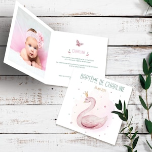 Faire part Fille - Invitation - Baptême / anniversaire / naissance - Carte double - Cygne rose couronne