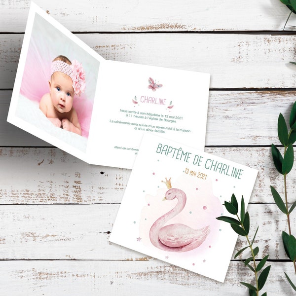 Faire part Fille - Invitation - Baptême / anniversaire / naissance - Carte double - Cygne rose couronne