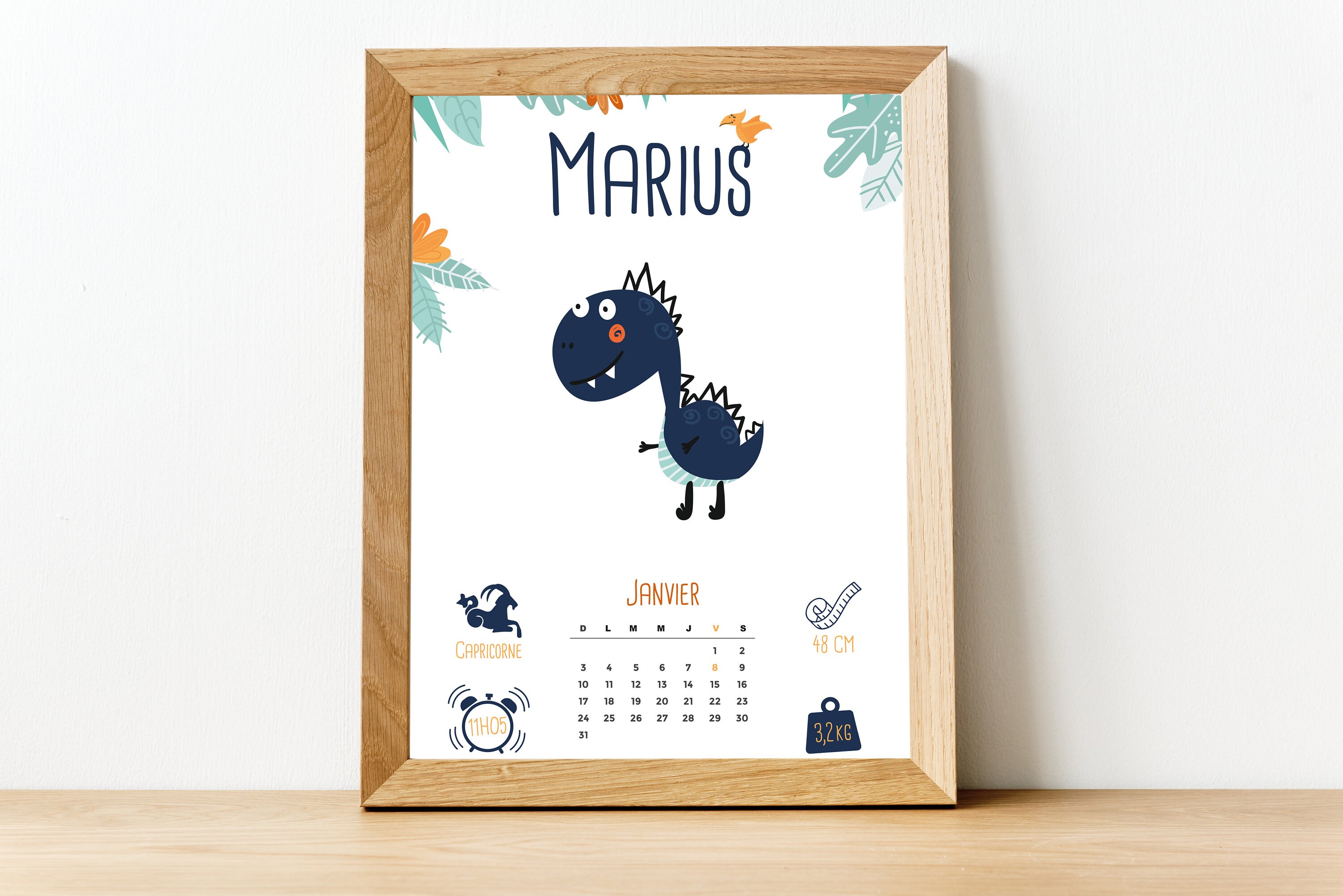 Affiche de Naissance Personnalisé - Cadeau Garçon Dino