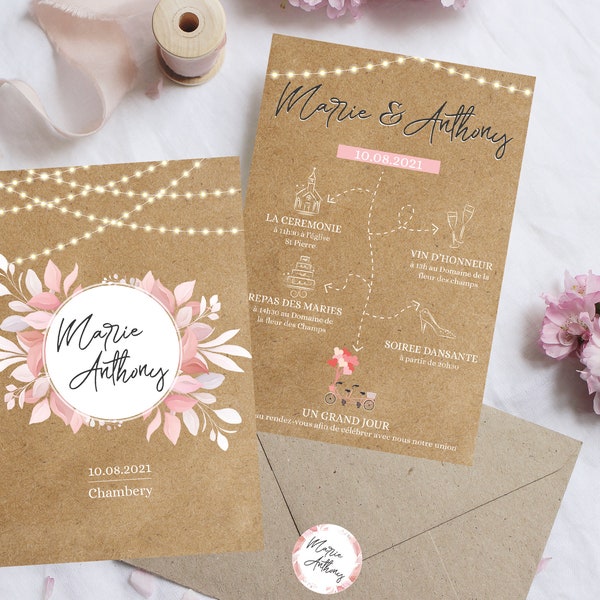 Faire part de mariage romantique - Rétro chic - Invitation mariage - Faire part mariage original