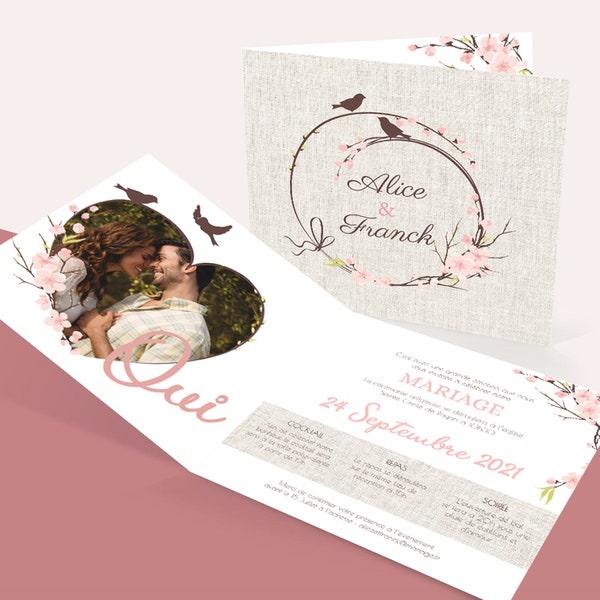 Faire-part de mariage - Romantique / Champêtre - Fleurs et oiseaux - Rose et beige - personnalisables