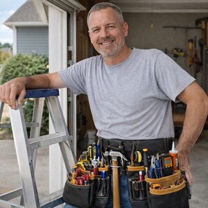 May include: A handyman wearing a tool belt stands next to a metal step ladder. The tool belt is filled with various tools, including a hammer, screwdrivers, and pliers. The man is wearing a gray t-shirt and jeans.