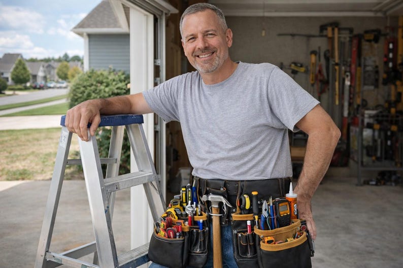 May include: A handyman wearing a tool belt stands next to a metal step ladder. The tool belt is filled with various tools, including a hammer, screwdrivers, and pliers. The man is wearing a gray t-shirt and jeans.