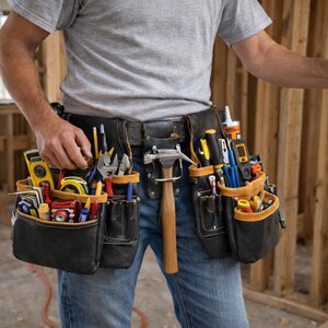 May include: A black leather tool belt filled with various hand tools, including a hammer, pliers, screwdrivers, and measuring tape. The belt is worn by a person in blue jeans and a gray t-shirt, standing in a construction site.