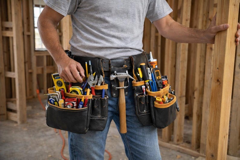 May include: A black leather tool belt filled with various hand tools, including a hammer, pliers, screwdrivers, and measuring tape. The belt is worn by a person in blue jeans and a gray t-shirt, standing in a construction site.