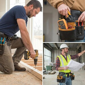 May include: A construction worker kneels, using a drill. The image shows a tool belt with various tools, including pliers, screwdrivers, and a multimeter. Other workers are in the background, wearing safety vests and hard hats.