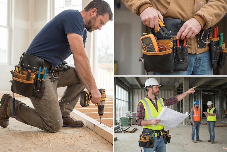 May include: A construction worker kneels, using a drill. The image shows a tool belt with various tools, including pliers, screwdrivers, and a multimeter. Other workers are in the background, wearing safety vests and hard hats.