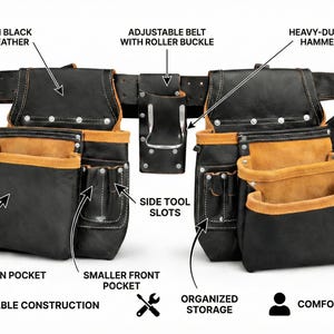 May include: Black and tan leather tool belt with an adjustable belt and roller buckle. Features include a heavy-duty metal hammer loop, large main pockets, smaller front pockets, and side tool slots. The text indicates durable construction, organized storage, and a comfortable fit.