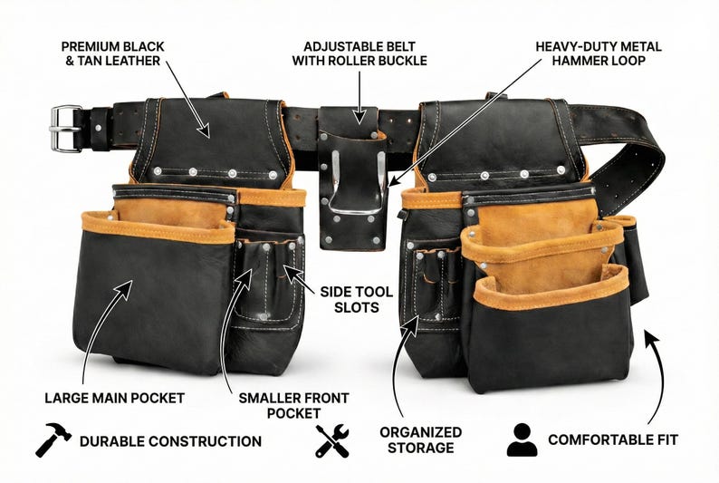 May include: Black and tan leather tool belt with an adjustable belt and roller buckle. Features include a heavy-duty metal hammer loop, large main pockets, smaller front pockets, and side tool slots. The text indicates durable construction, organized storage, and a comfortable fit.