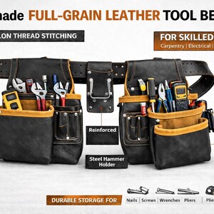 May include: Handmade full-grain leather tool belt with sturdy nylon thread stitching. Features multiple pockets with yellow and brown accents, and a steel hammer holder. Adjustable to fit waist sizes from 30" to 52". Designed for skilled trades.