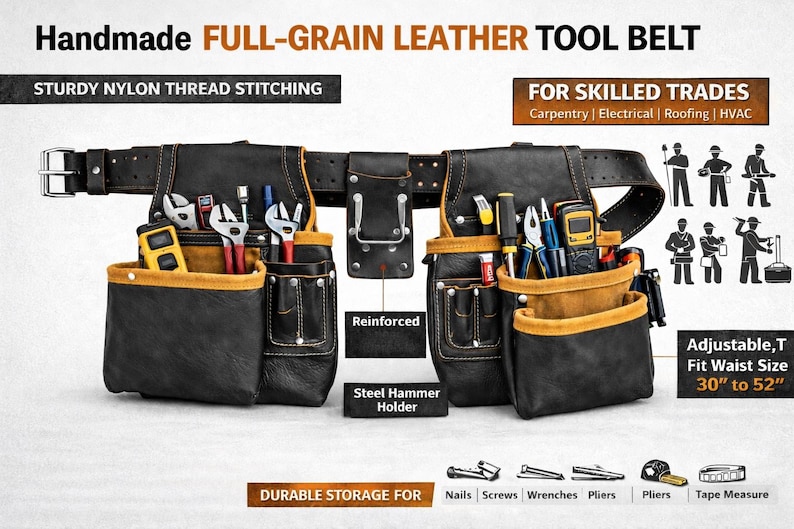 May include: Handmade full-grain leather tool belt with sturdy nylon thread stitching. Features multiple pockets with yellow and brown accents, and a steel hammer holder. Adjustable to fit waist sizes from 30" to 52". Designed for skilled trades.
