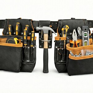 May include: A black leather tool belt with multiple pockets and pouches. The belt holds various tools, including screwdrivers, a hammer, pliers, a level, and pencils. The pockets have tan-colored trim and are filled with tools.
