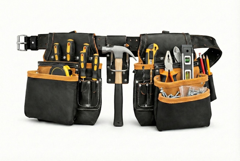 May include: A black leather tool belt with multiple pockets and pouches. The belt holds various tools, including screwdrivers, a hammer, pliers, a level, and pencils. The pockets have tan-colored trim and are filled with tools.