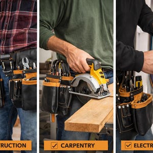 May include: A multi-panel image showcasing construction, carpentry, and electrical work. Each panel features a person wearing a tool belt. The tool belts are black and tan leather. The image includes the text "CONSTRUCTION", "CARPENTRY", and "ELECTRICAL WORK".
