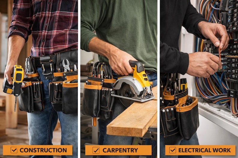 May include: A multi-panel image showcasing construction, carpentry, and electrical work. Each panel features a person wearing a tool belt. The tool belts are black and tan leather. The image includes the text "CONSTRUCTION", "CARPENTRY", and "ELECTRICAL WORK".
