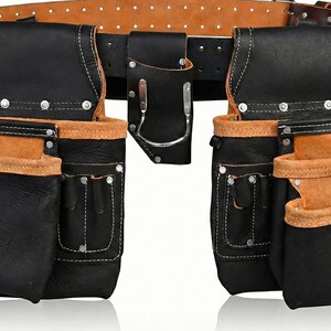 May include: A black leather tool belt with multiple pockets and pouches. The belt has a brown leather trim and a sturdy buckle. The pockets are reinforced with rivets and white stitching. The belt is designed for carrying tools.