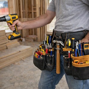 May include: A yellow and black cordless drill is held by a person. A black leather tool belt with multiple pockets is filled with various tools, including a hammer, pliers, and screwdrivers. The scene is a construction site.
