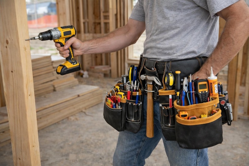 May include: A yellow and black cordless drill is held by a person. A black leather tool belt with multiple pockets is filled with various tools, including a hammer, pliers, and screwdrivers. The scene is a construction site.