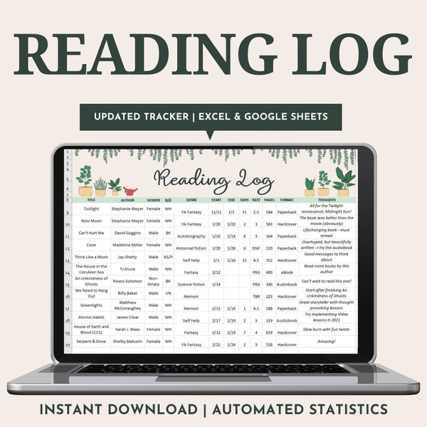 Lesetagebuch Vorlage | Excel/Google Sheets Tracker | Automatische | Sofort Download | Buchliebhaber | Lese tracker | Druckbare