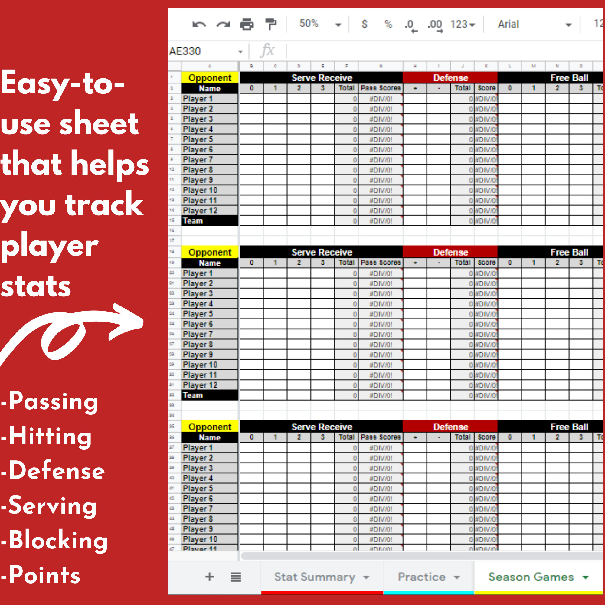 Volleyball Team Statistics Sheet Practice and Game Data Automated Stats