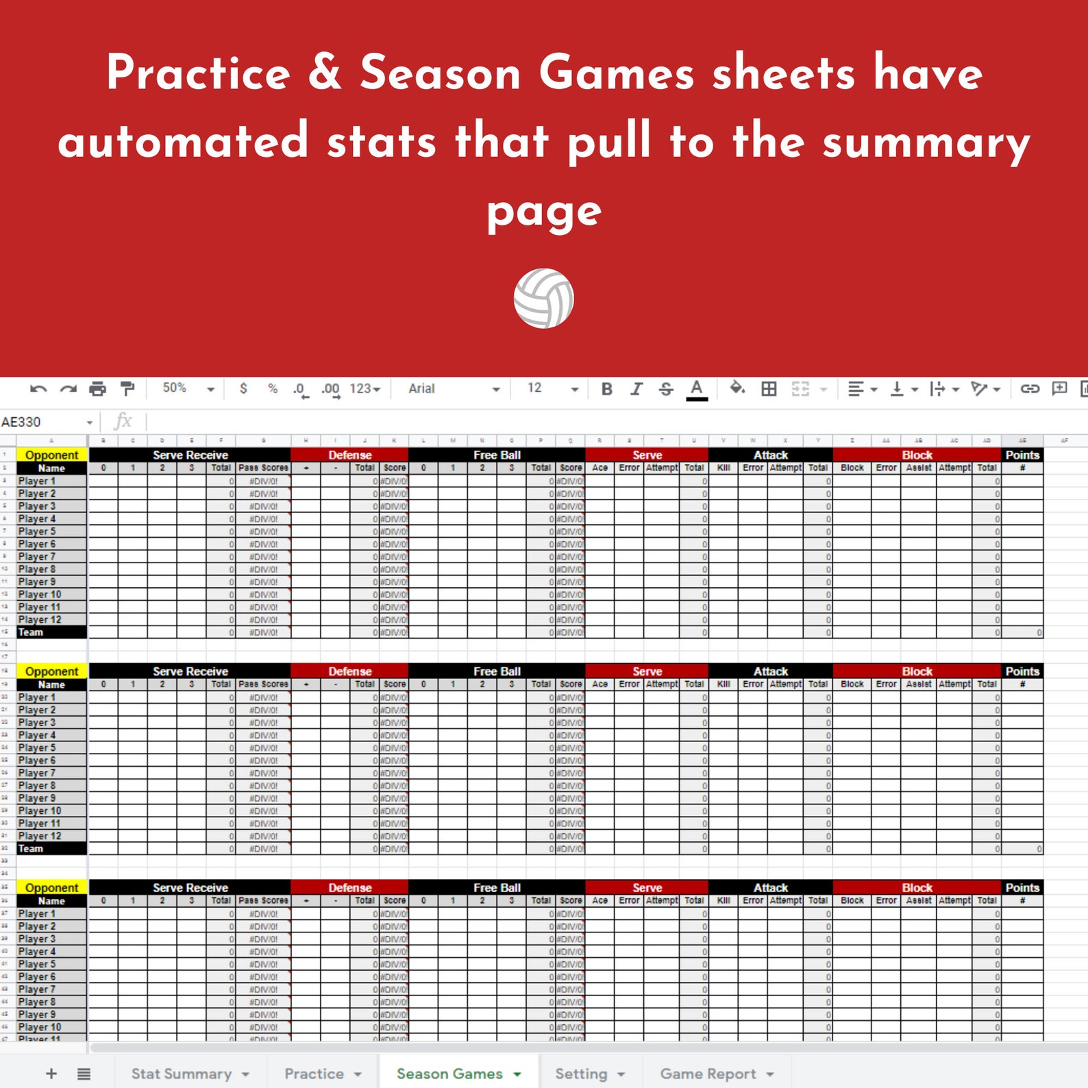 Volleyball Team Statistics Sheet Practice and Game Data Automated Stats