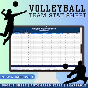Può includere: Un foglio di calcolo digitale su uno schermo di computer con un'intestazione blu che dice "Volleyball Team Stat Sheet". Il foglio di calcolo è diviso in colonne con intestazioni come "Difesa", "Palla libera", "Servizio" e "Attacco".