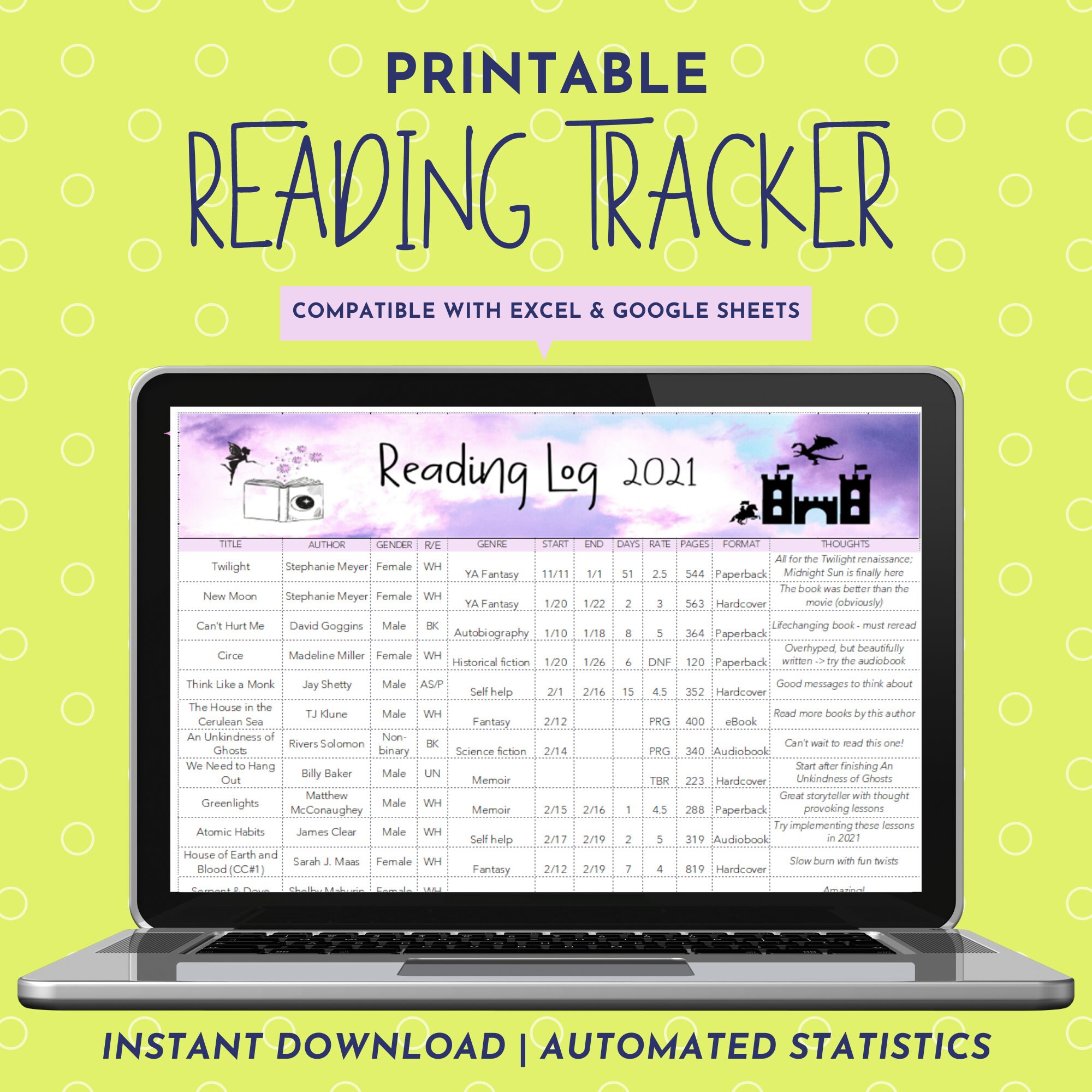 Reading Journal Template Excel/Google Sheets Tracker Etsy