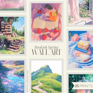 Pakiet cyfrowej sztuki ściennej Spring Bookish – 25 romantycznych wydruków fantasy | Przytulny wystrój kącika czytelniczego Cottagecore | Wydrukowana marzycielska estetyka