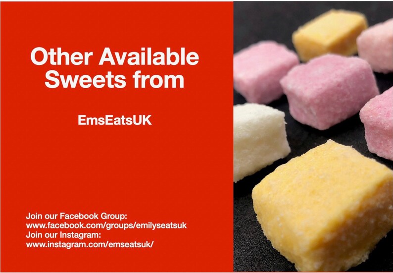 May include: Assortment of colorful, square-shaped candies, including pink, white, and yellow. The candies are on a black surface. The text "Other Available Sweets from EmsEatsUK" is on a red background. The text "Join our Facebook Group: www.facebook.com/groups/emilyseatsuk Join our Instagram: www.instagram.com/emseatsuk/" is below the red background.