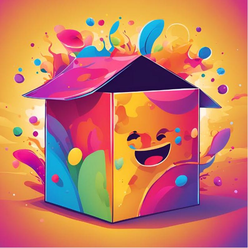 May include: A colorful box with a smiling face, surrounded by splashes of paint in various colors, including red, blue, green, yellow, and purple.