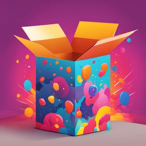May include: An open cardboard box with a colourful abstract design. The box is filled with colourful shapes and patterns, creating a vibrant and playful aesthetic.