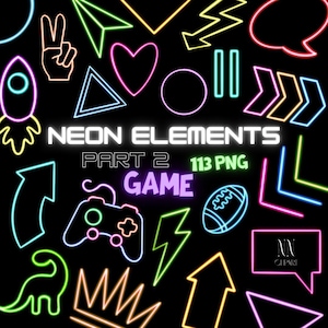 Neon videogame clipartbundel, retro games spelen digitale download, jaren negentig videogames arcade joystickconsole