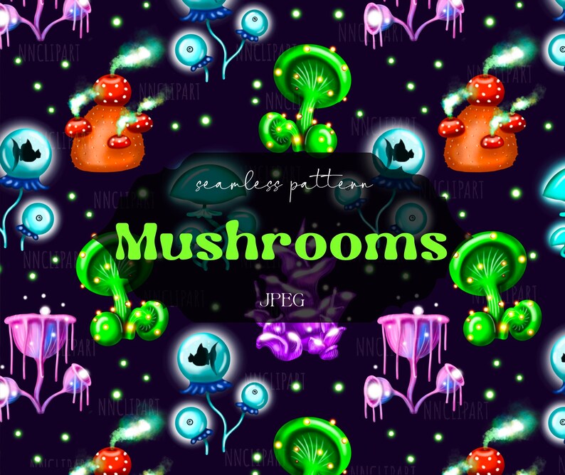 May include: A seamless pattern featuring colorful, glowing mushrooms with various shapes and textures. The background is a dark purple with glowing white dots. The text "seamless pattern" and "Mushrooms" is written in green.