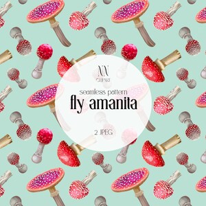 May include: Seamless pattern featuring red and white fly amanita mushrooms on a light green background. The pattern is perfect for creating digital or printed designs.