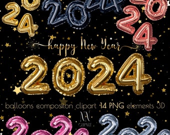 2024 clipart, Gelukkig Nieuwjaar clipart, Nieuwjaar 2024, instant download, Digitale sticker 2024