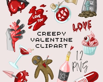 Creepy Valentine clipart Spooky Valentine clipart Pastel Goth digital stickers, Alternative Valentine day