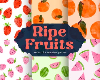 Summer fruits pattern Watercolor seamless pattern with Strawberry Watermelon peach Seamless fruit pattern