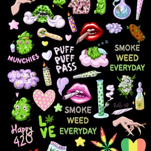 May include: A collection of colorful illustrations featuring cannabis leaves, hearts, and other related imagery. The illustrations include phrases like "Smoke Weed Everyday", "Puff Puff Pass", and "Happy 420".
