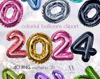 Nummer ballonnen 2024 clipart, Happy New Year clipart, Nieuwjaar 2024, instant download, Digitale sticker 2024