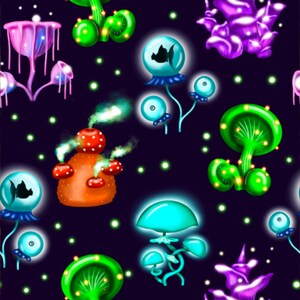 May include: A seamless pattern featuring glowing, colorful, whimsical, bioluminescent plants and mushrooms on a dark blue background. The plants have a variety of shapes and sizes, including mushrooms, coral, and jellyfish.