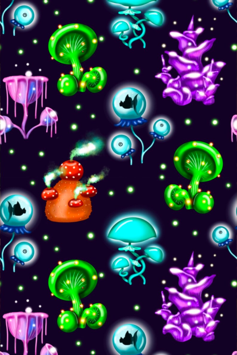 May include: A seamless pattern featuring glowing, colorful, whimsical, bioluminescent plants and mushrooms on a dark blue background. The plants have a variety of shapes and sizes, including mushrooms, coral, and jellyfish.