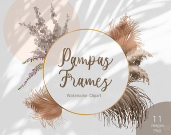 May include: A set of 11 watercolor clipart images featuring pampas grass and floral arrangements in a gold circle frame. The images are perfect for creating invitations, cards, and other digital designs.